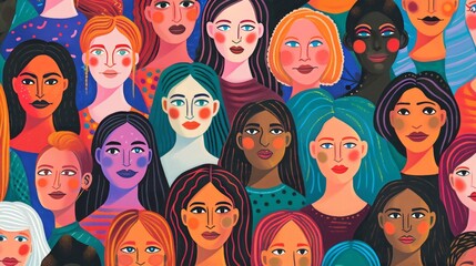 A large group of women with different colored hair is depicted in a colorful editorial illustration, forming a portrait of a female. - obrazy, fototapety, plakaty