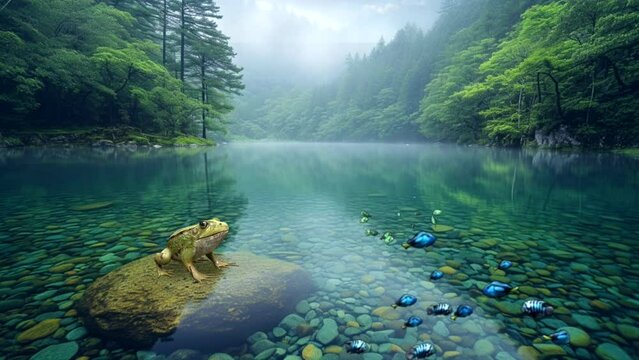 A view of the lake with green water, swimming fish, frogs on the rocks on the left and right side of the hill with green leaves Seamless looping time-lapse 4k animation video background Generated AI