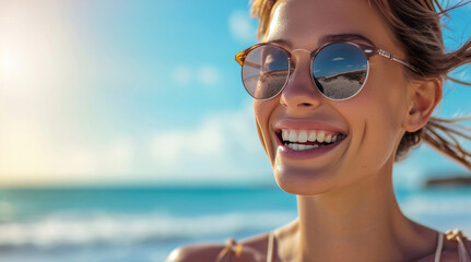 A beautiful young woman, wearing small round glasses, is making the best smug smile on the beach.