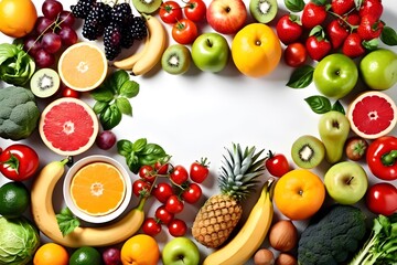 healthy food for vegan lunch, Superfoods, top view image of vegetables and fruits for health with copy space for text.