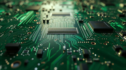 A computer motherboard showcases an integrated circuit and a circuit board processor, demonstrating motherboard circuitry.