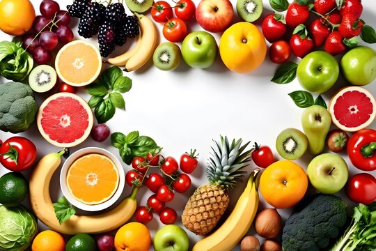 healthy food for vegan lunch, Superfoods, top view image of vegetables and fruits for health with copy space for text.