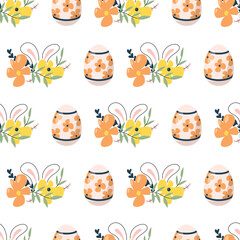 Fototapeta premium Easter seamless pattern. Adorable easter rabbit with traditional festive decor. Spring elements, eggs, Christian holiday, Easter baskets, flowers. Vector illustration isolated on white background