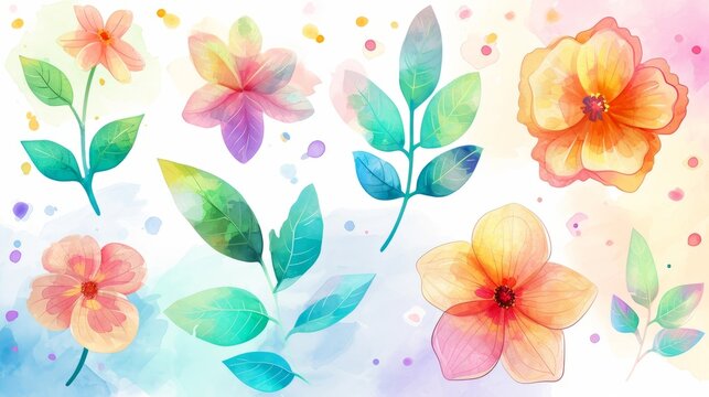 A bunch of watercolor flowers, resembling fantasy flowers and leaves, is presented on a white background in a watercolor digital painting style.
