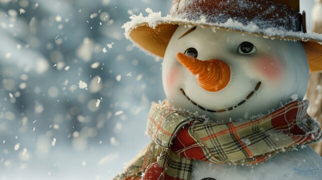 A snowman, wearing a hat and scarf, is depicted in an HD wallpaper with a warm smile in a closeup portrait shot.