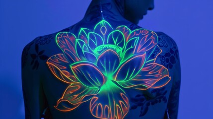 A person with fluorescent paint on their body is showcasing detailed, glowing neon tattoos as part of neon art.