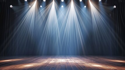A stage with a wooden floor is lit by spotlights, demonstrating advanced theatrical lighting and dramatic stage lighting.