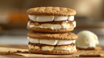 Three s'mores, made with marshmallow graham crackers, are stacked on top of each other, captured in a product photo. - obrazy, fototapety, plakaty