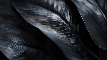 A black feather on a black background is polished, showcasing dark filaments in high definition. - obrazy, fototapety, plakaty