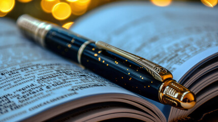 A pen, possibly a fountain pen, is sitting on top of an open book, featured for writing in a journal.