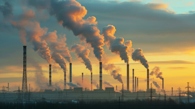 A factory with smokestacks is emitting smoke, indicating power plants with smoke, industrial fires, smog, and air pollution.