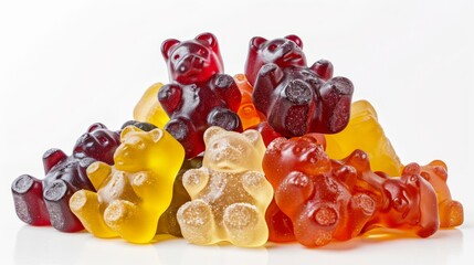 A pile of gummy bears, representing gummy candies and candy treatments, is sitting on top of each other.