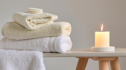 Obraz na płótnie Canvas A stack of towels, possibly dirty linen robes, is sitting on top of a table next to white candles, designed for cozy aesthetics with diffuse overhead lighting.