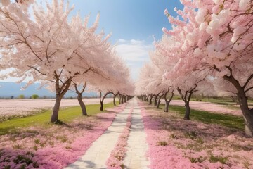 Fototapeta premium cherry blossom orchard, trees, pathway, photography backdrop, wedding backdrop, photoshop overlay,