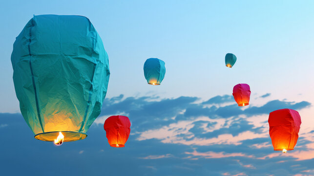 A sky is filled with lots of colorful paper lanterns, creating glowing lanterns in the sky.