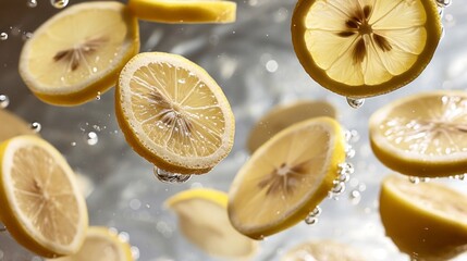 A bunch of peeled lemon slices is floating in water.
