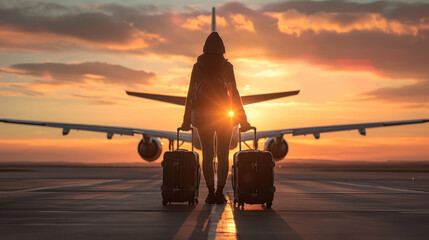 A person with luggage is walking towards an airplane, embarking on a travel and adventure, guided by a travel guide.