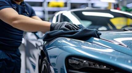 A man is waxing the hood of a blue sports car, demonstrating detail and care with unlimited detail...