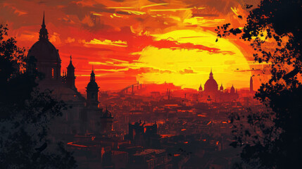 Naklejka premium A painting depicts a sunset over a city, showcasing epic red-orange sunlight.