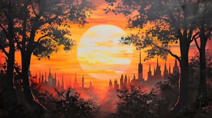 A painting of a sunset over a city is inspired by an artist, created in oil painting. - obrazy, fototapety, plakaty