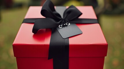 A red gift box with a black ribbon is presented, symbolizing gifts and the act of holding a gift.