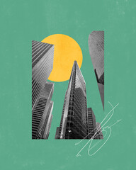 Modern aesthetic artwork. Stylized skyscrapers with large painted sun in collage with vintage black and white texture. Vintage. Concept of creativity, surrealism, imagination, futuristic landscape.