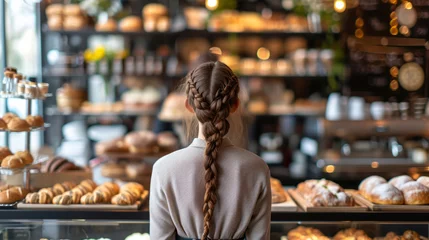Poster A woman with braided brown hair is standing in front of a bakery counter in an interior setting. © Duka Mer