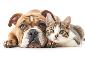 English bulldog and cute cat in front of white background