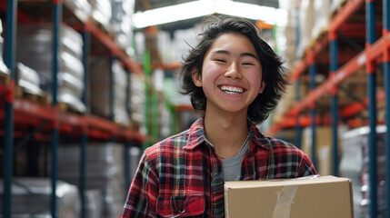 A woman smiles while holding a box in a warehouse with an empty background, indicating supply chain economics and a high-quality stock picture of a detailed face of a boy.