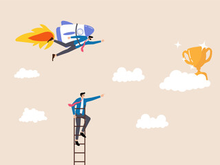 One rocket, one ladder grab the trophy.comparison of ambitious and traditional approaches to achieve the highest business achievements, one goes high on a rocket, one climbs the ladder to the goal.