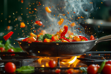 Fresh colored vegetables are flying from a hot frying pan on the stove - obrazy, fototapety, plakaty