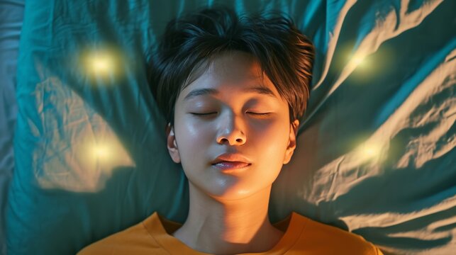 A man is laying in bed with his eyes closed, captured in a dream medium portrait with top light falling on his face, resembling a promotional image or a portrait of an idol.