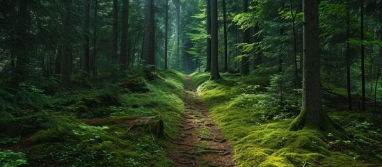 Fototapeta premium Where does the trail lead in the deep forest? To peace, love, or freedom?