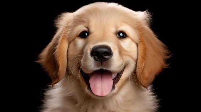 Joyful Golden Retriever Puppy with Shiny Golden Fur on Black - Generative AI