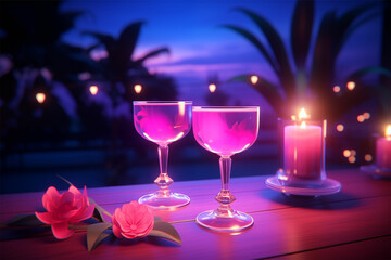Vibrant nightlife: Two pink tequila cocktails glow on a table, evening illumination, unreal engine 5 style, cabaret scenes, nightcore magic in light purple and indigo.