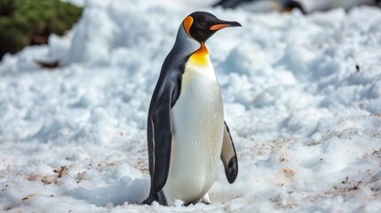 Fototapeta premium A fat penguin is standing in the snow.