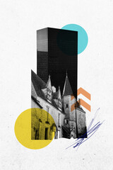 Poster. Contemporary art collage. Collage of historic architecture against modern skyscrapers with...