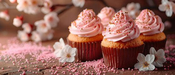 Cute cupcakes decorated with sprinkles - obrazy, fototapety, plakaty