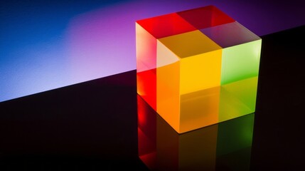 A colorful cube, which could be a translucent cube or a prism refracting light, is sitting on top of a table.