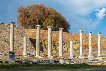 Colonnade in the Sanctuary of Asclepion (Asclepieion), the ruins of Pergamon lower city. Bergama...