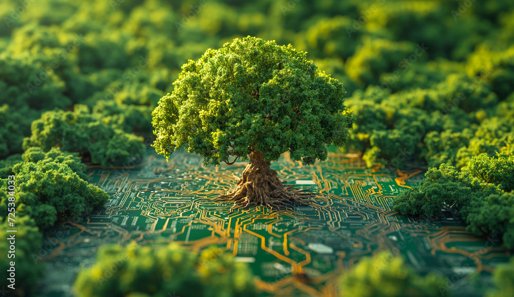 Poster large green tree stands tall on a circuit board pattern, surrounded by smaller bush-like structures,