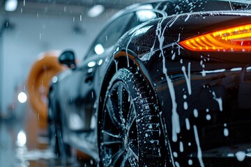 Professional Car Wash black Sport car with Shampoo close-up - obrazy, fototapety, plakaty