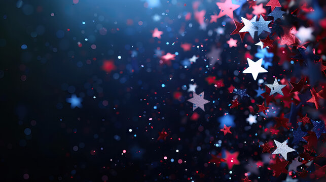 Close up stars confetti on dark blue background. Flat lay, top view, copy space for 4th of July American Independence Day, patriot day background - AI Generated 