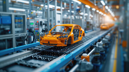 Car Factory 3D Concept: Automated Robot Arm Assembly Line Manufacturing High-Tech Green Energy Electric Vehicles. Automatic Construction, Building, Welding Industrial Production Conveyor. 