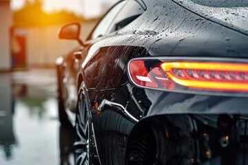 Professional Car Wash black Sport car with Shampoo close-up
