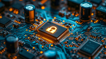 Fototapeta na wymiar illuminated lock symbol on a microchip at the center of a blue circuit board, emphasizing technology security and electronic data protection
