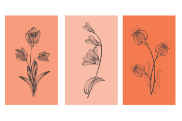 Set of three contour floral designs on a colored background. Vector illustration for tile design, cover, postcard, accessories decoration