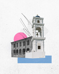 Poster. Contemporary art collage. Composite of traditional church building with bell tower against...