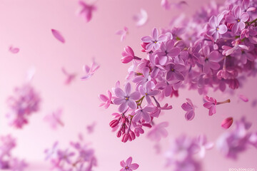 Fresh lilac blossom beautiful purple flowers falling on a pink background