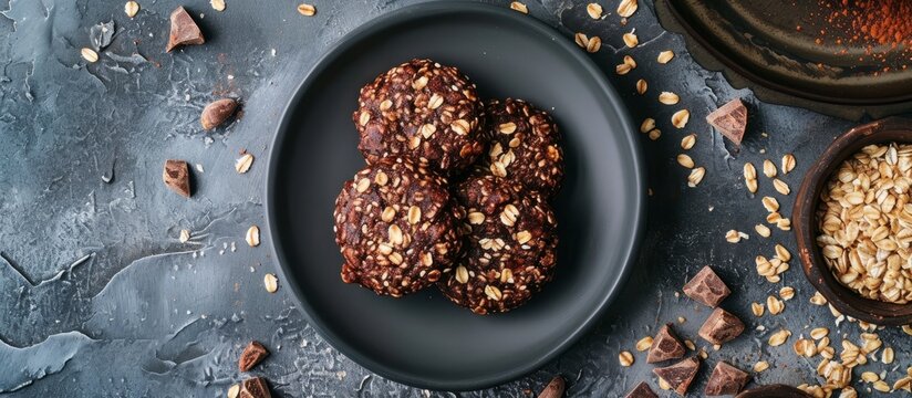 Tasty vegan dessert: chocolate oatmeal and seed sausage on gray textured backdrop.